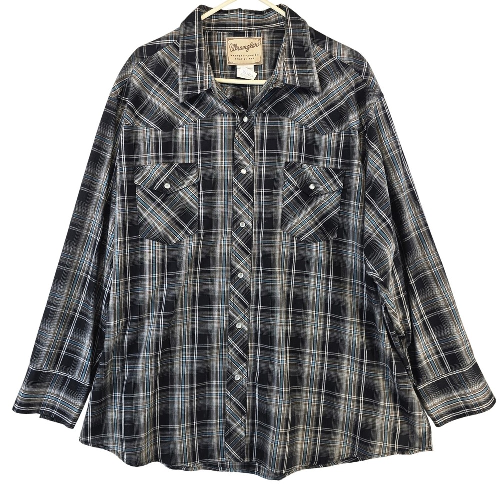 Wrangler Western Shirt Mens‎ 3XL Pearl Snap Plaid Long Sleeve Lightweight Black
